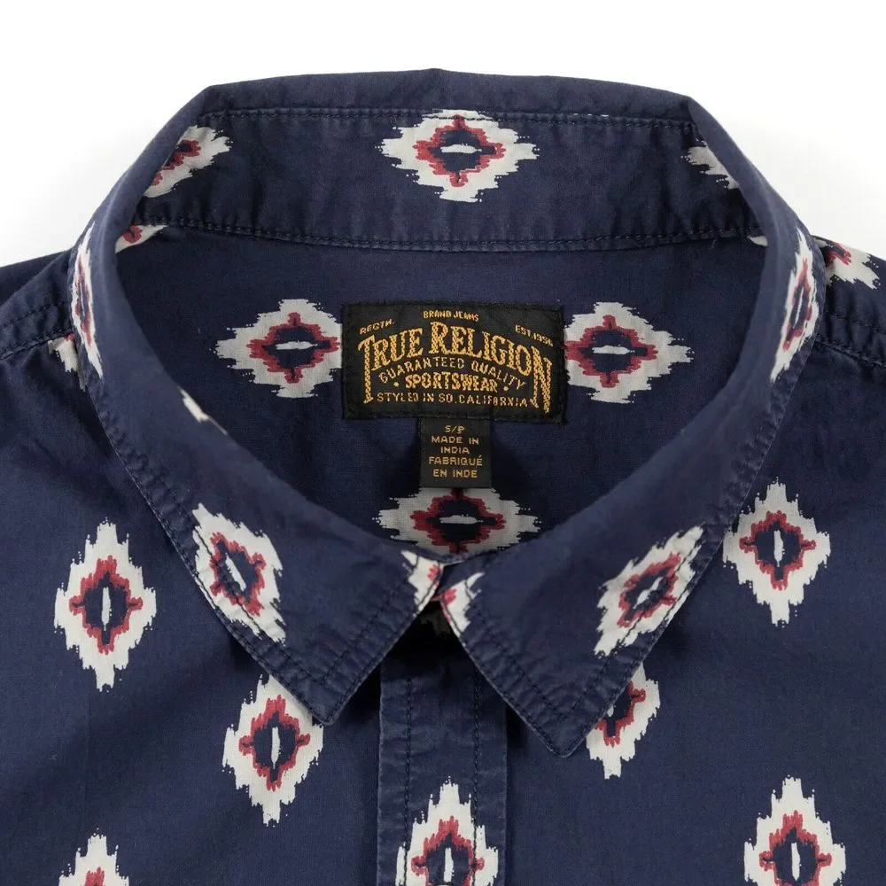 True Religion Aztec Western Poplin Short‎ Sleeve Button Up Shirt Men's Small